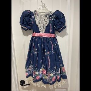 Elegant Navy Blue Floral Kids Dress with Lace